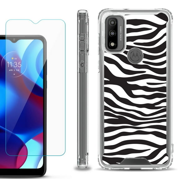 Shockproof Bumper Phone Case for Motorola Moto G Pure, with Tempered Glass Screen Protector, by OneToughShield ® - Zebra B/W