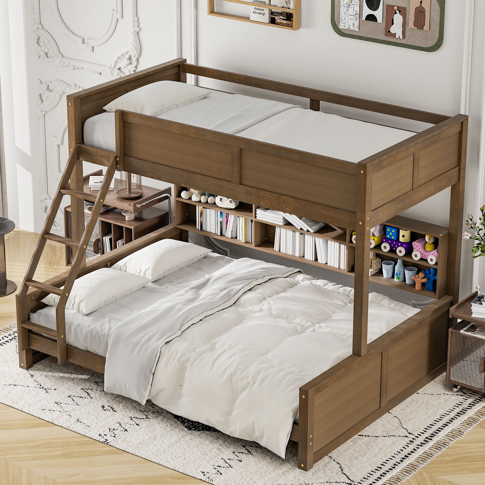 Euroco Twin XL over Queen Bunk Bed with Functional Cabinet and USB Charging Station for Kids Teens, Wood