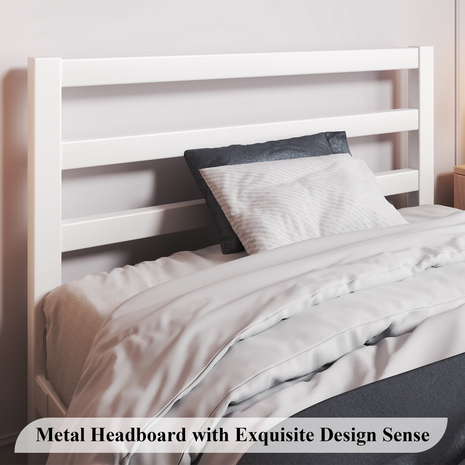 Twin Size Metal Platform Bed Frame with Headboard, Heavy Duty Steel Slat Support, Under-Bed Storage, No Box Spring Needed, White