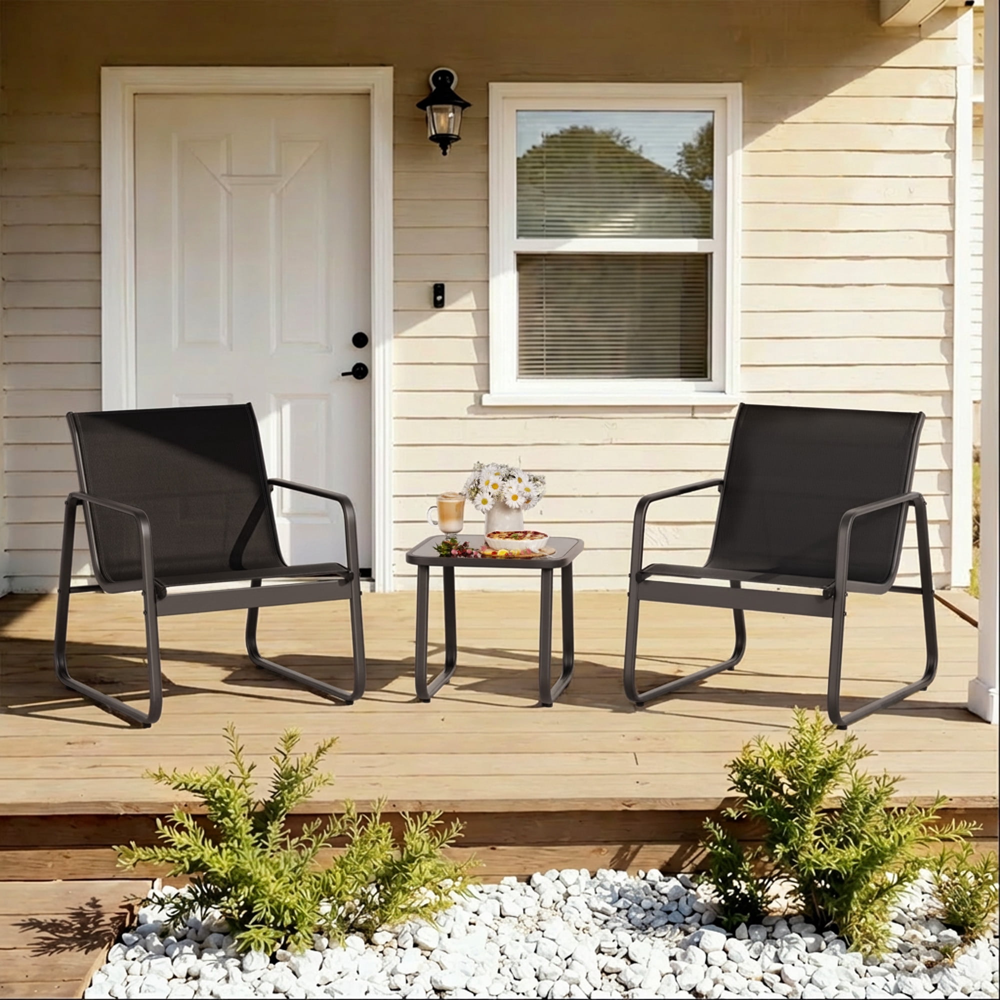 Lofka 3 Pieces Patio Chairs Set with Glass-Top Coffee Table, Outdoor Bistro and Patio Furniture Set for Porch|Backyard|Balcony, Black