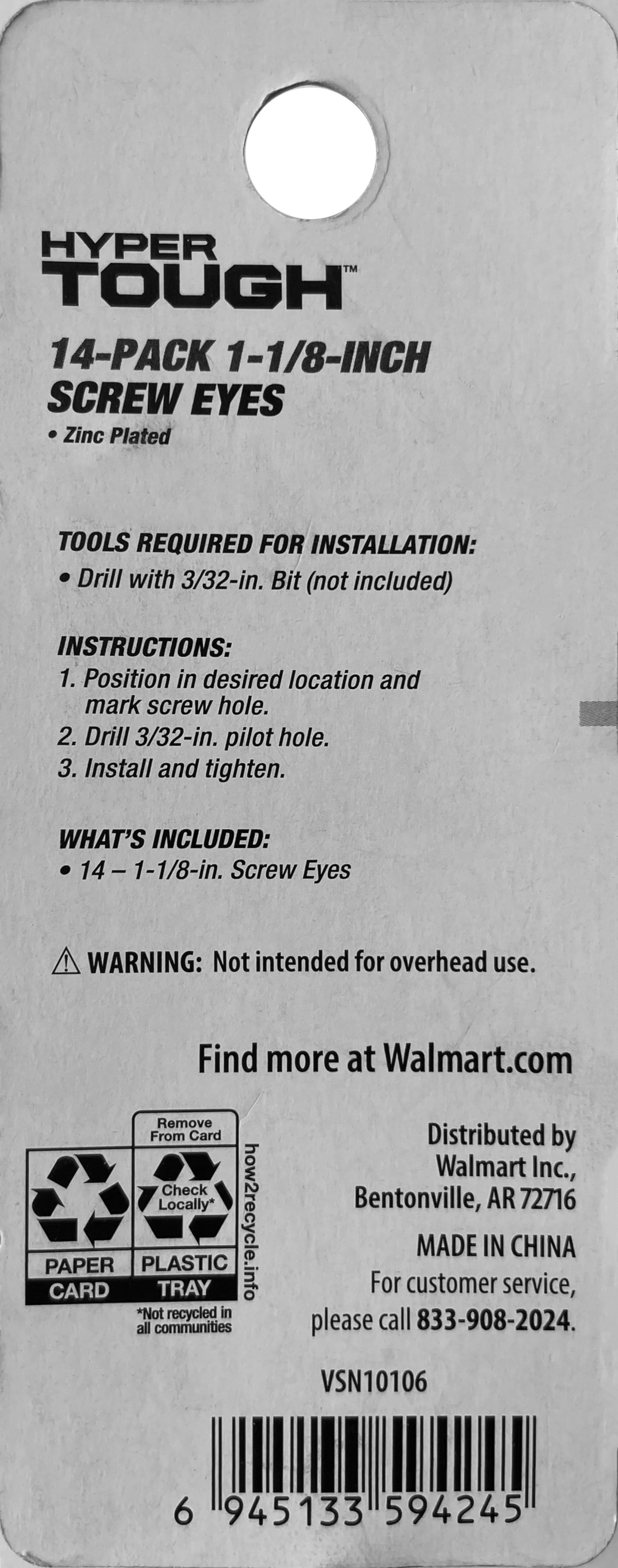 Hyper Tough New 1-1/8 inch. Screw Eye, Zinc Plated, 14 Pieces
