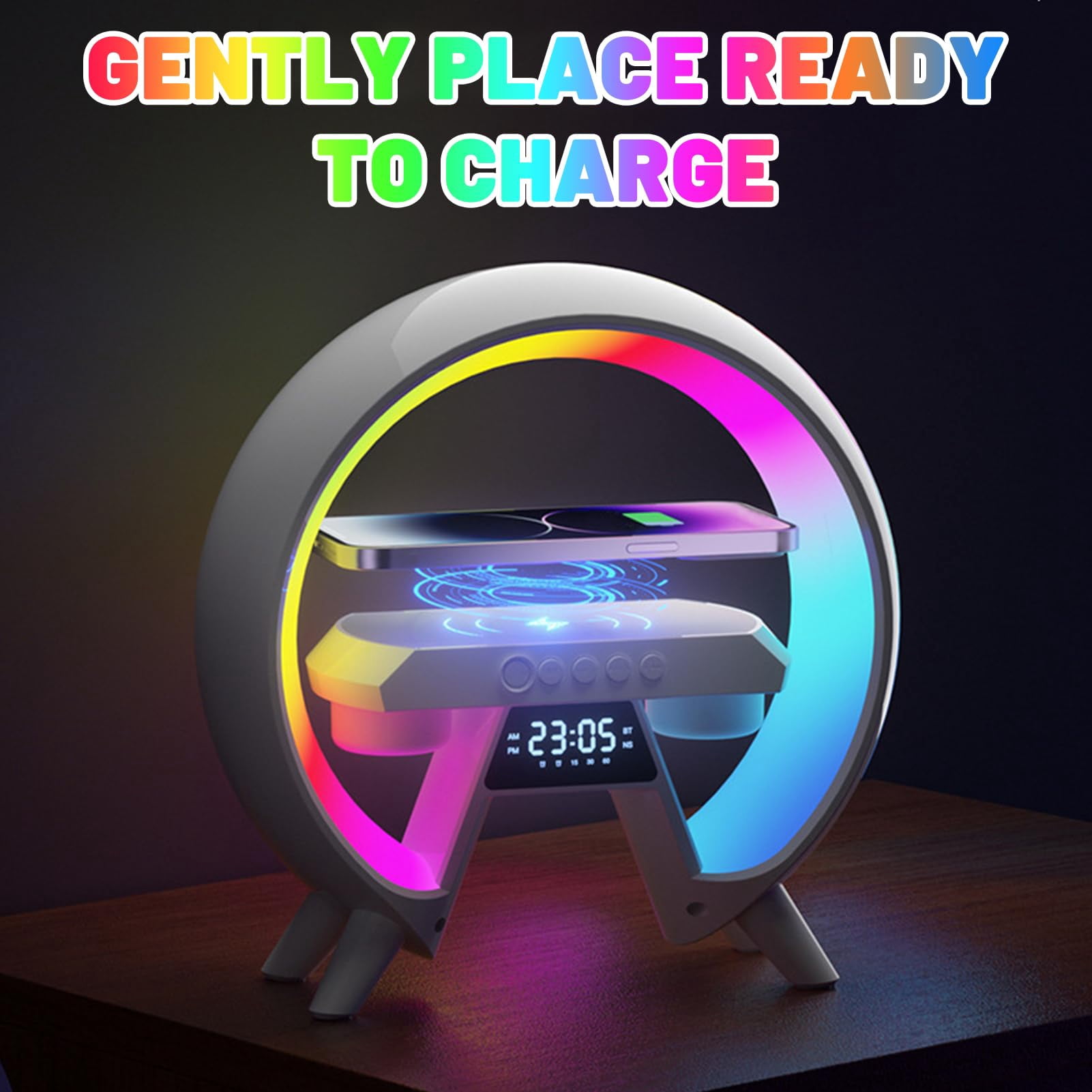 Wireless Speaker Charger Light, Phone Charger, Atmosphere Night Light Multifunctional Bluetooth Speaker, Timer Alarm Clock Charger Stand Color Changing Music Lamp-White