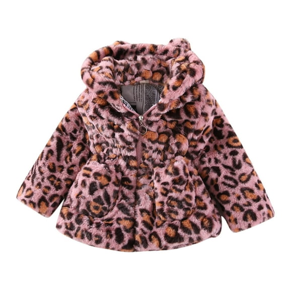 WhouRiu Girl Winter Coat Leopard Print Thicken Warm Hooded Coat Kids Lined Windproof Outerwear Coats Pink,Sized 12-18 M