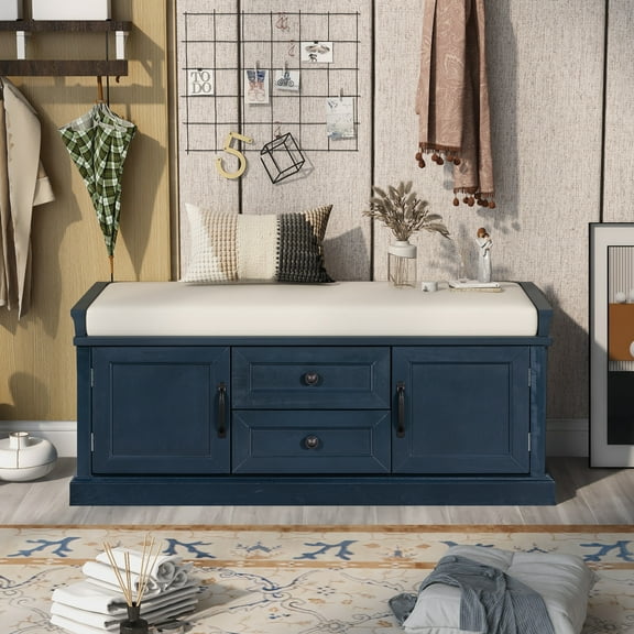 Seetaras Storage Bench with Storage & Velvet Removable Cushion Wooden Organizer Storage Bench with 2 Drawers and 2 Cabinets for Living Room Entryway Bedroom Hallway