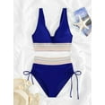 thumbnail image 3 of Women Tummy Control Swimsuits Color Block Two Piece Drawstring Bathing Suit Dark Blue XL, 3 of 7