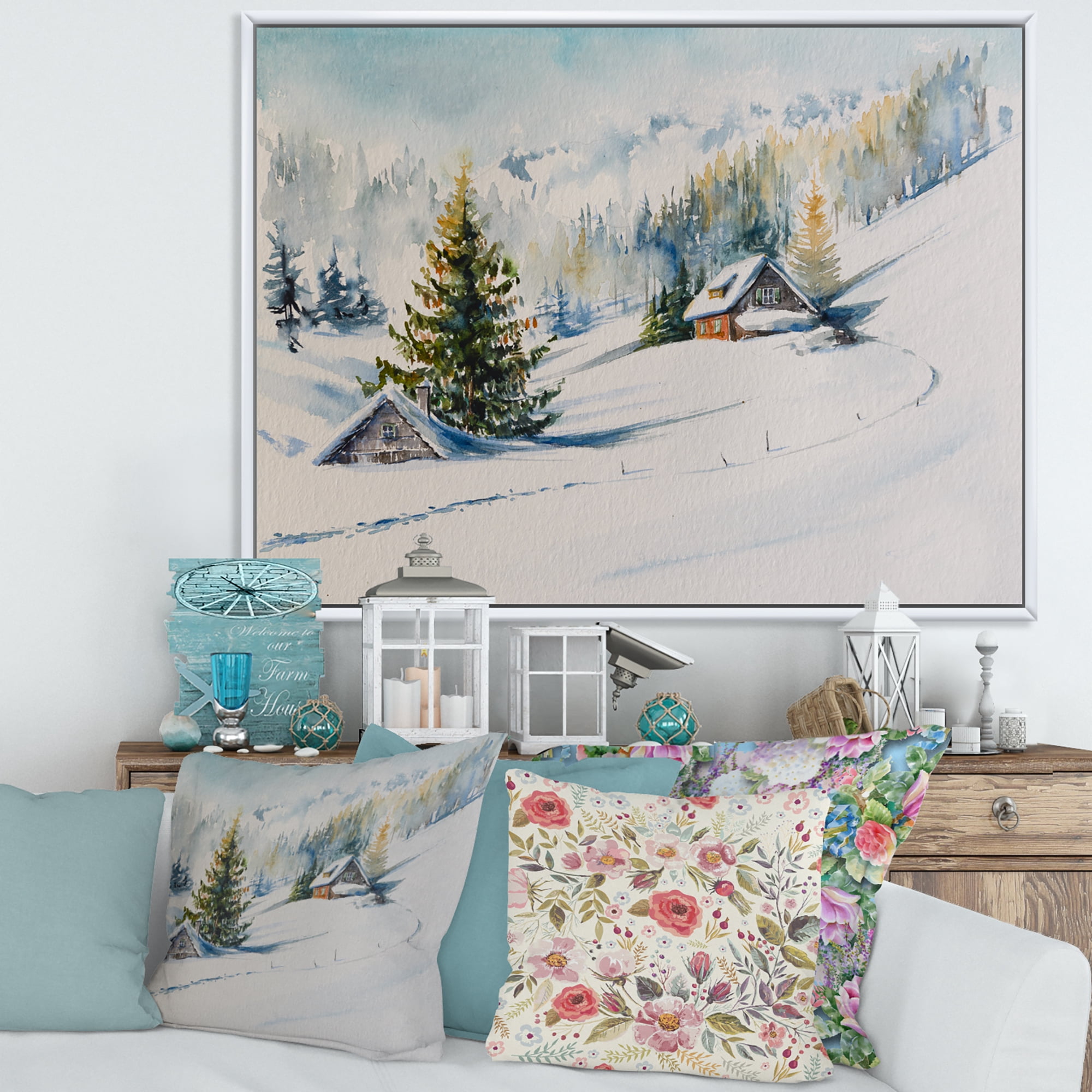 Designart 'The Winter Mountains With Little House' Traditional Framed Canvas Wall Art Print