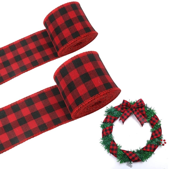Clearance Under $1 Christmas Plaid Burlap Ribbon, Wired Edge Wrapping Ribbon for Tree and Crafts, 5cm x 6m