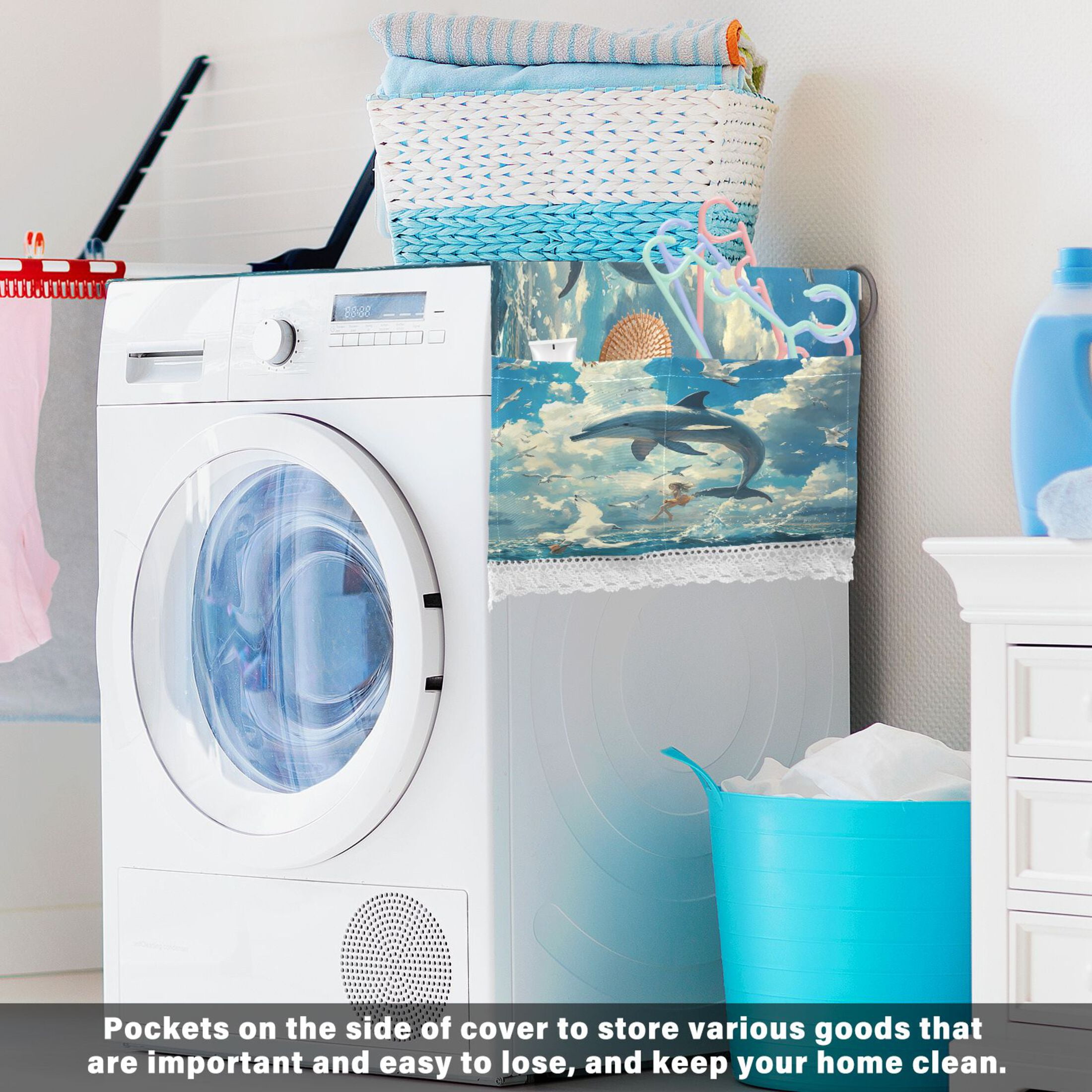 Dolphins Collide with SeagullsWasher and Dryer Covers Dust-Proof and Oil Resistant Fridge Cover with 4 Storage Pockets Washing Machine Top Cover for Laundry Kitchen Home 51.2 x 22 In