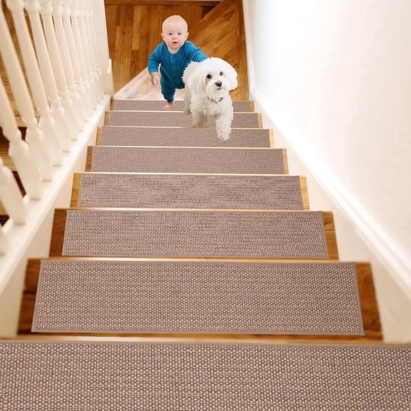7 Pack Non-Slip Stair Treads for Wooden Steps Indoor, 8" x 30" Stair Pads with Reusable Adhesive, No Residue Protection for Staircases(Beige)