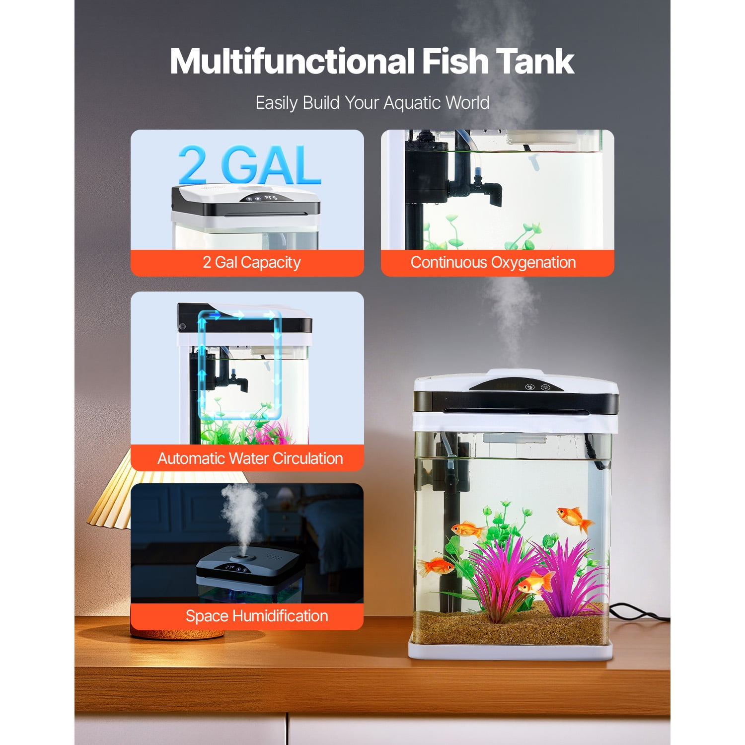 KFFKFF 2-Gallon LED Glass Aquarium with Temperature Display, Adjustable 7-Color Lighting, Self-Cleaning System for Freshwater and Saltwater Fish, Ideal for Home, Office, and Pets