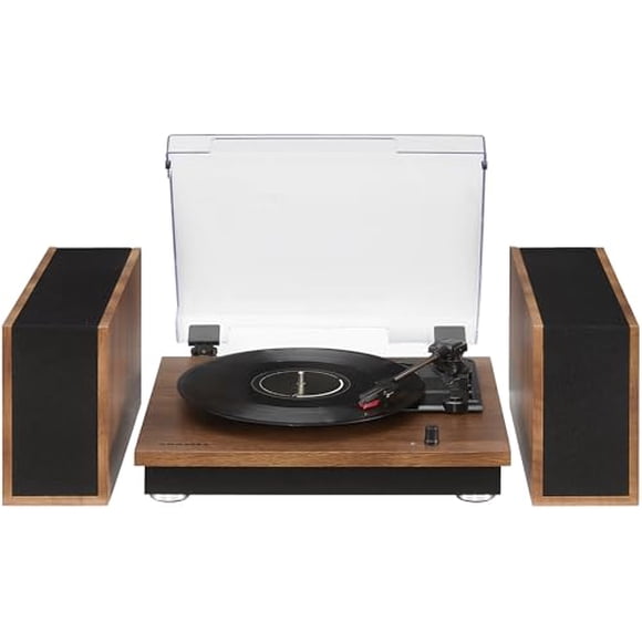 Crosley CR7502A-WA Riff Tocadiscos de vinilo Bluetooth de 3 velocidades con altavoces estéreo a juego y 6 diseños modulares, nogal