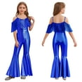 thumbnail image 6 of Raenseen Girls Sparkly Sequins Tassel Pageant Dance Party Jumpsuit Spaghetti Strap High Waist Flared Pants Romper Royal Blue 12, 6 of 7