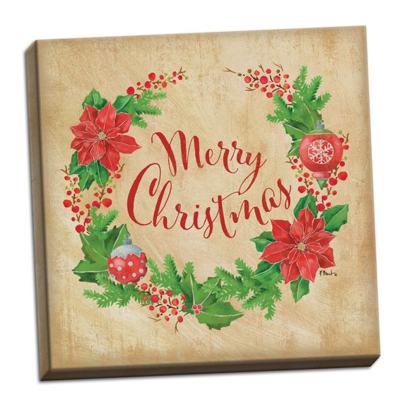 Gango Home Decor Country-Rustic Holiday Decor | Red, Green & Tan Christmas Wreath by Paul Brent (Ready to Hang); One 12x12in Hand-Stretched Canvas