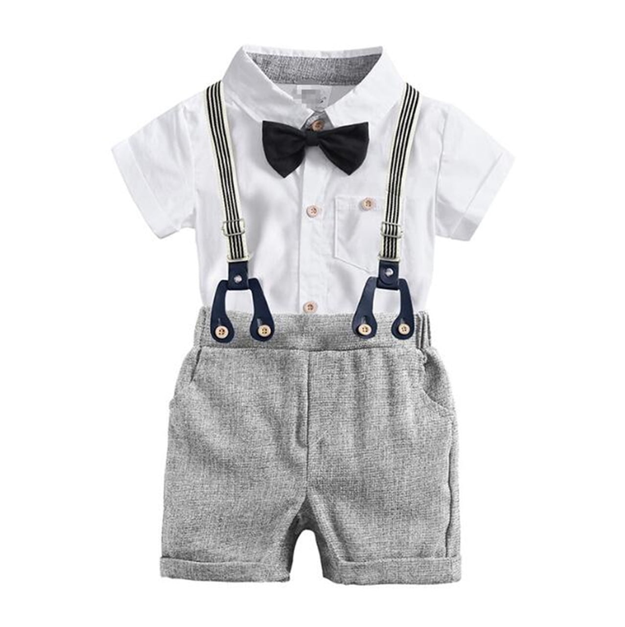 Laurenza's Baby Boys 4 Pcs Infant Outfit Grey Navy Bodysuit and Suspenders Set Baptism Christening Wedding Outfit Ring Bearer Boys Easter Clothes Outfit 6-12M