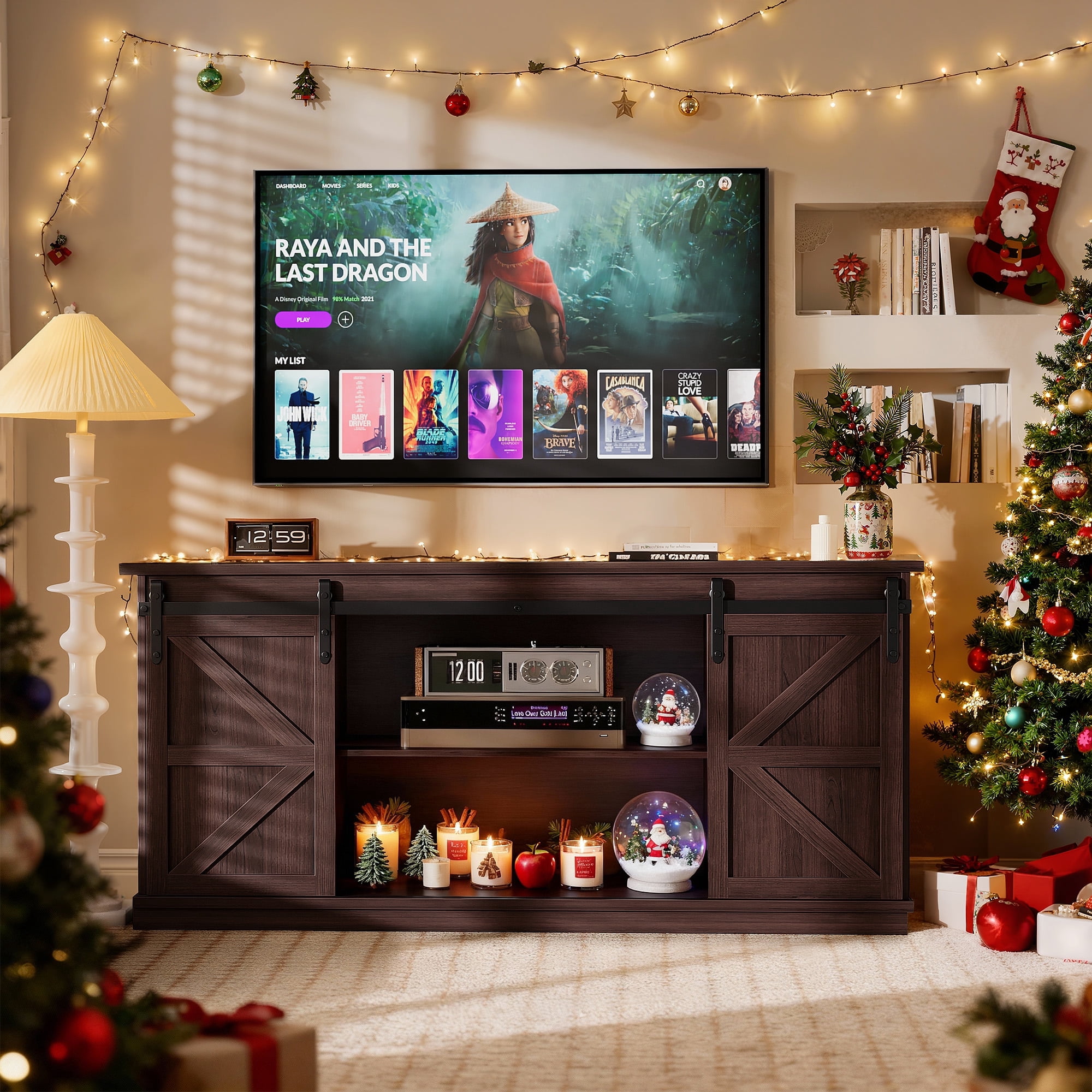Furmax 65 inch TV Stand Entertainment Center with Sliding Barn Doors and Storage,Espresso