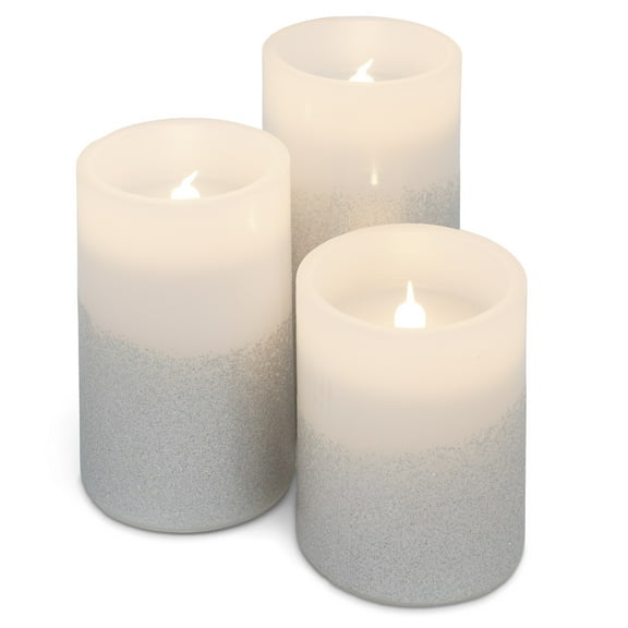 Elanze Designs Silver Tone Glitter 6 inch Wax Flameless Candles Set of 3