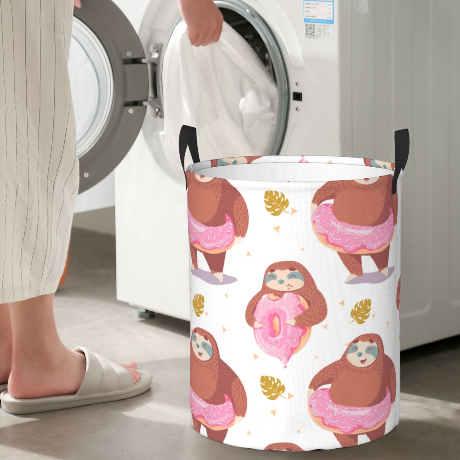 Large Laundry Basket with Handles - Sloth with Donuts1 Kids Baby Dirty Clothes Laundry Hamper for Bedroom Aesthetic