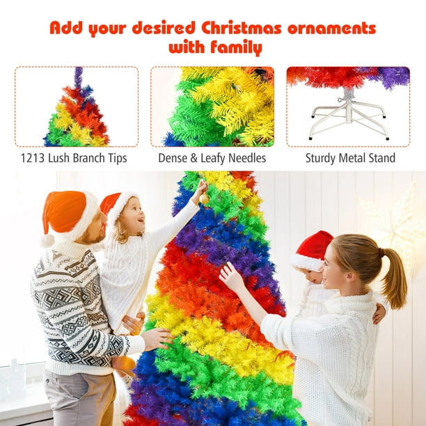 GYMAX 7 Ft Colorful Rainbow Hinged Christmas Tree Holiday Decor W/ Metal Stand