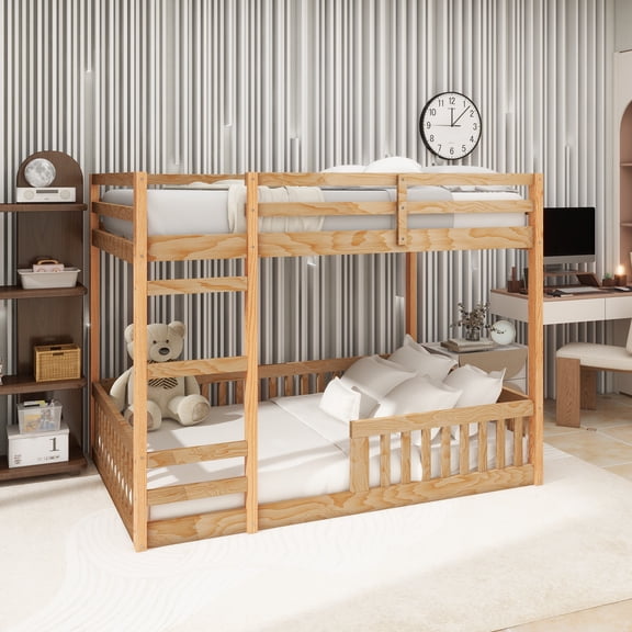 Full over Full Wood Bunk Bed with Ladder and Guardrails, Natural