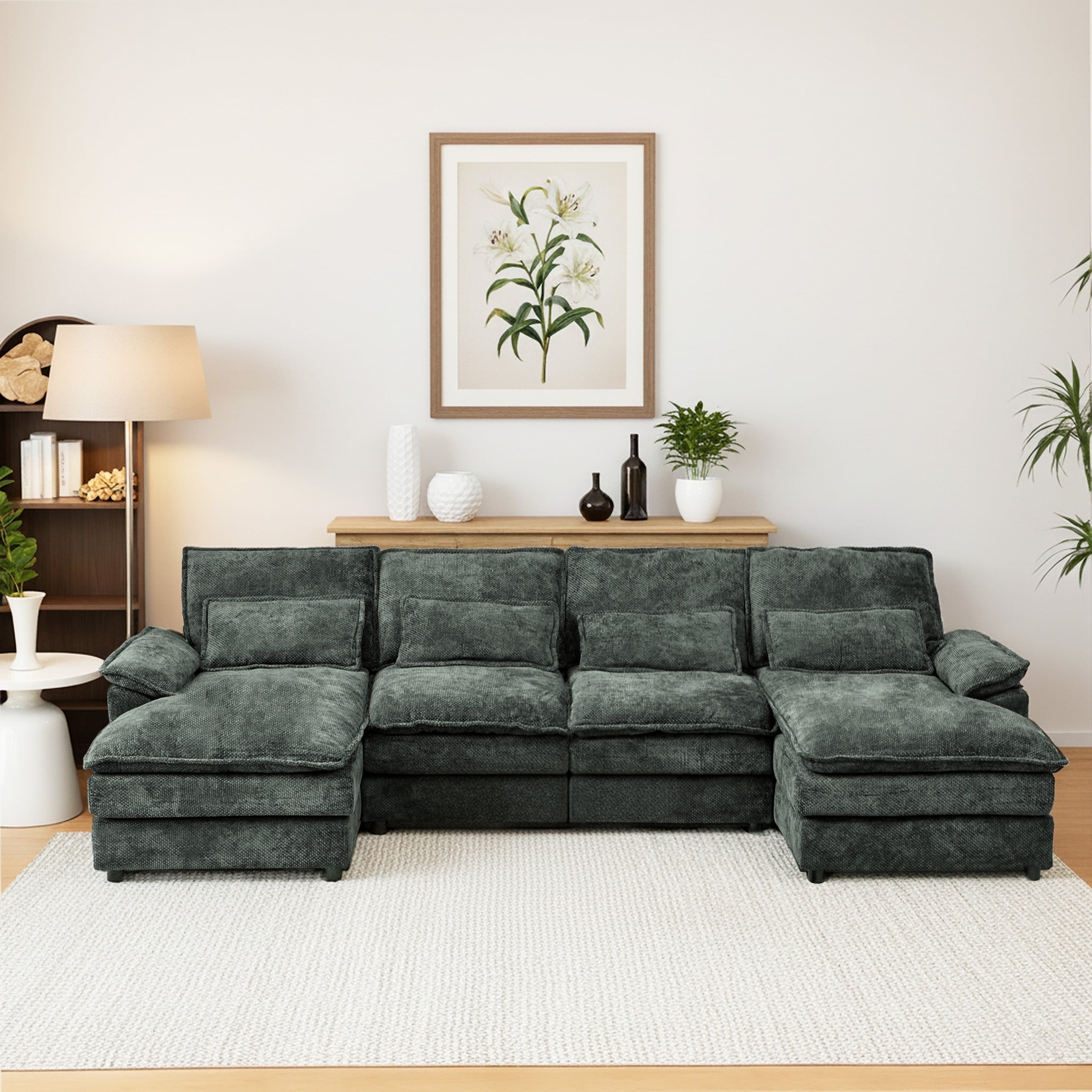 SEENYOO 110.24" U-Shaped Couch, Cloud Modular Sectional Sofa with Chenille Fabric, 4-Seat Comfy Couch for Living Room, Black-Gray