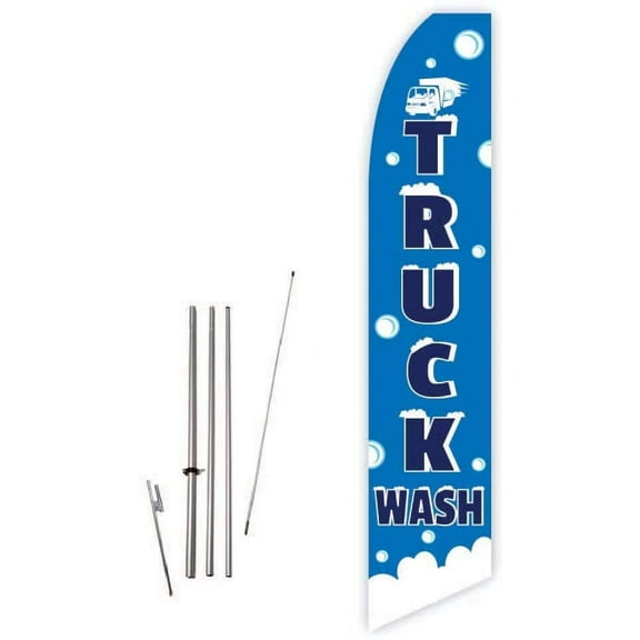 Truck Wash Blue Super Novo Feather Flag - Complete with 15ft Pole Set and Ground Spike