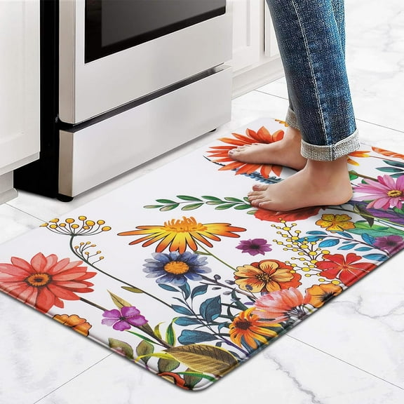Kitchen Mats for Floor, Anti-Fatigue Comfort Kitchen Rugs, Cushioned Waterproof Non-Slip Kitchen Decor Mat Thick, Floral Farmhouse Standing Mat for Home/Office/Laundry/Sink, 18''''x30''''(White)