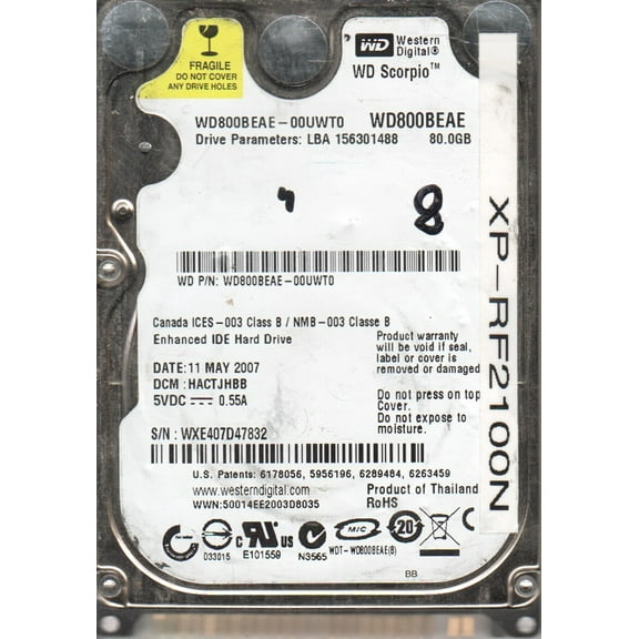 WD800BEAE-00UWT0, DCM HACTJHBB, Western Digital 80GB IDE 2.5 Hard Drive