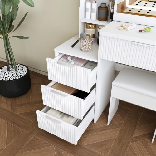 Modern Vanity Desk Set with LED Lighted Mirror, 3 Lighting Modes, Adjustable Brightness, 4 Drawers, Open Storage Shelves, Power Outlet & Hair Dryer Holder, Dressing Chair, White