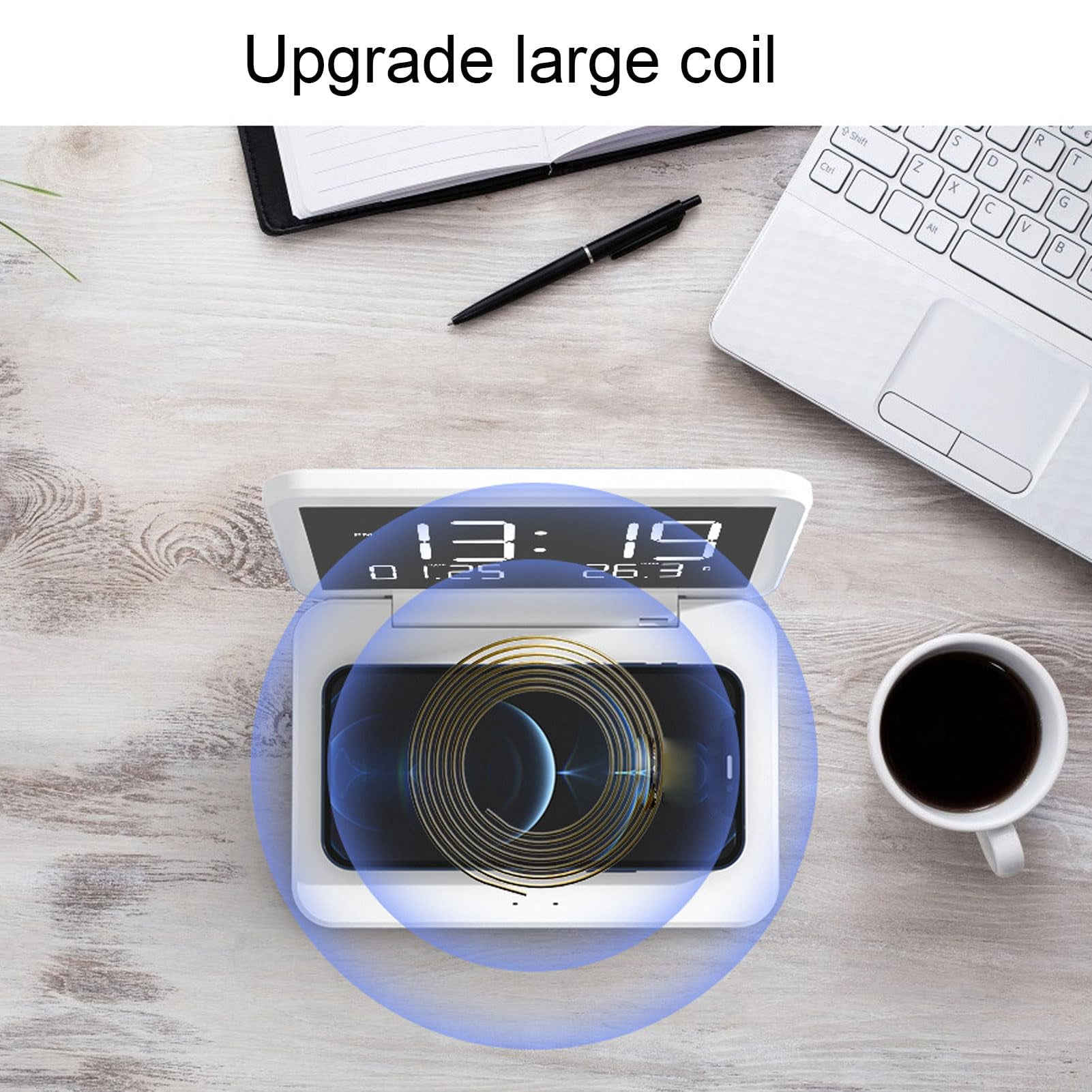 The Nidmaw digital clock features wireless charging, a foldable alarm clock, and an LED mirror display for showing the calendar and temperature. Suitable for bedrooms, desks, living room coffee table
