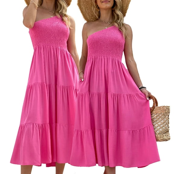 Zoeecloth Women's Dresses Long Dress Summer One Shoulder Sleeveless Tiered Beach Long Midi Dress S-XL