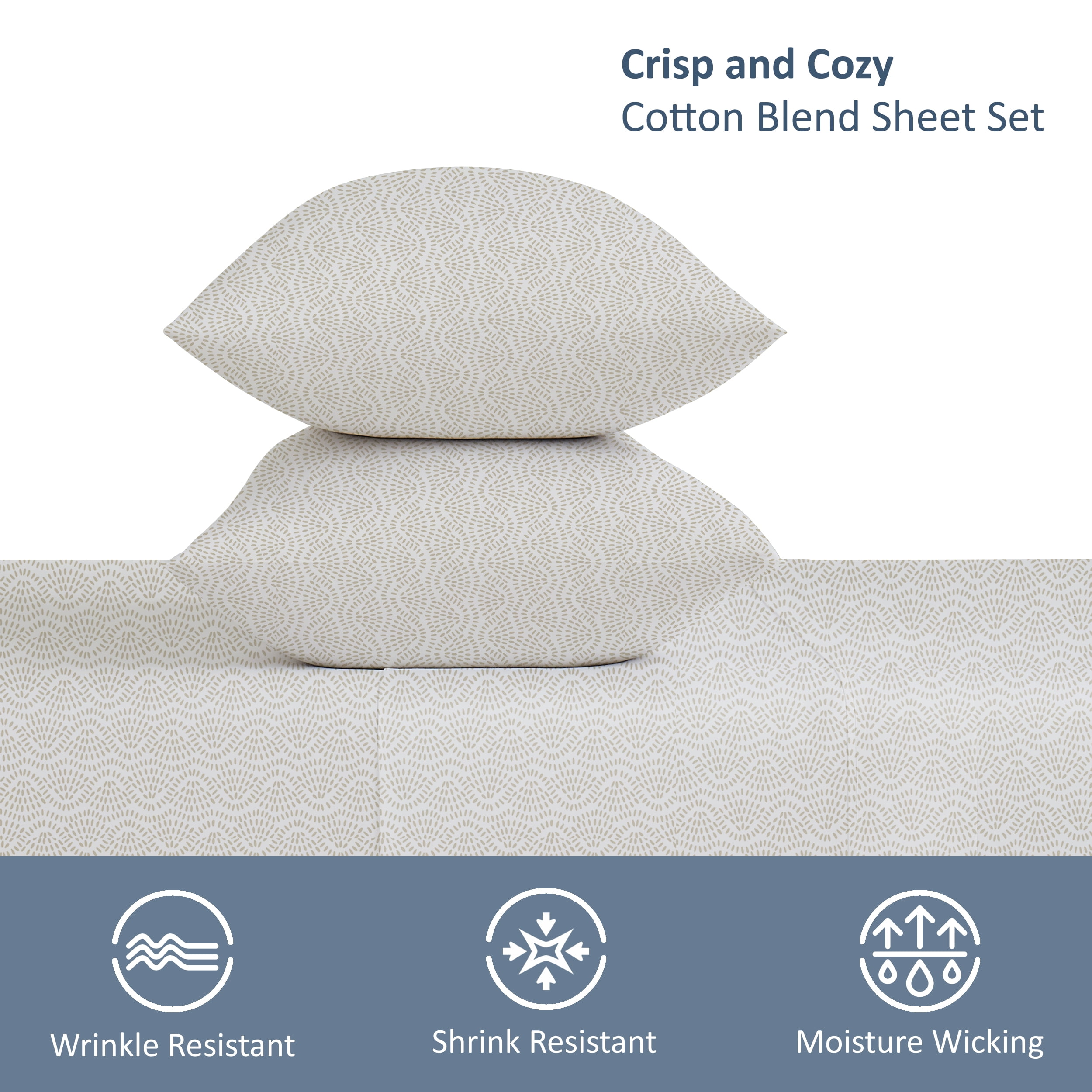 Mainstays Easy Care 2-Piece 300 Thread Count Cotton Blend Percale King Pillowcase Set, Papyrus Beige Geo