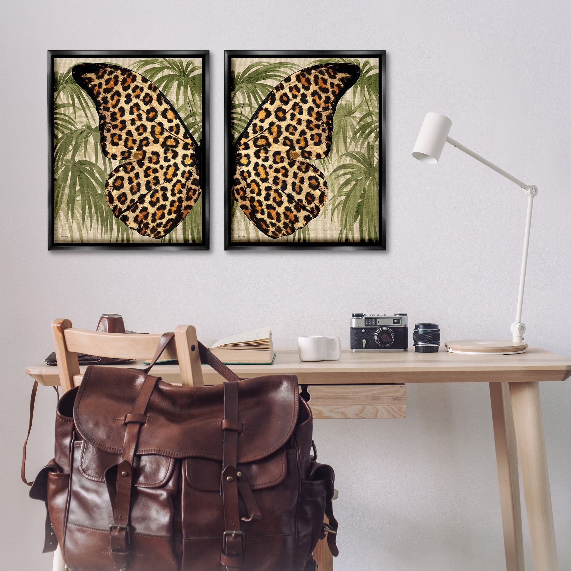 Stupell Industries Cheetah Butterfly Wings Animals & Insects Painting Black Floater Framed Canvas Art Print Wall Art, 25 x 31, Set of 2