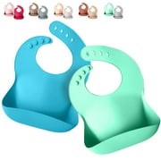 Silicone Baby Bibs - Soft Silicone Bib with Food Catcher and Waterproof Material - Adjustable Fit for Baby and Toddler (Green/Blue)