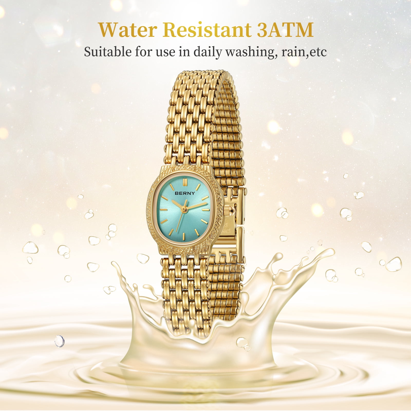 BERNY Small Gold Watches for Women, Dainty Vintage Oval Dial Stainless Steel Bracelet Watch, Adjustment Tool Included, Waterproof, Minimalist Luxury Ladies Analog Quartz Wrist Watch (Glacier Blue)