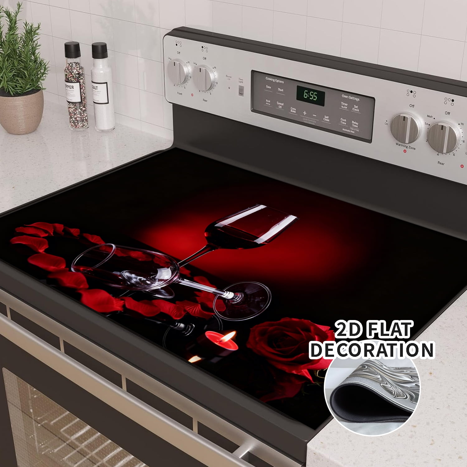 Stove Top Cover for Electric Stove 28×20 Inch Heat Resistant Glass Cooktop Cover Protector Red Wine Rose Design