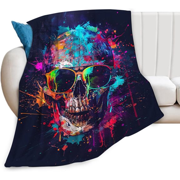 Soft Flannel Throw Blanket Vibrant Color Splash Skull with Sunglasses Print Warm Cozy Blanket for Couch Bed Living Room 30x40 inches