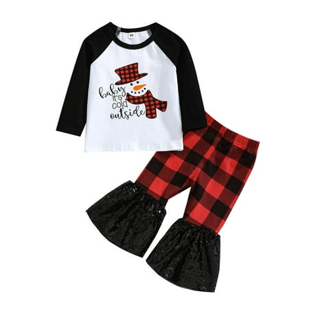 

One Opening Toddler Girls Christmas Outfits Long Sleeve Tops Sequined Plaid Bell-Bottom Pants