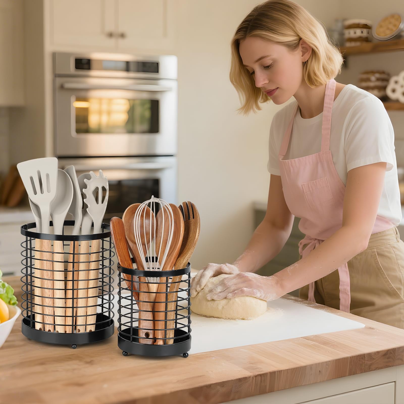 IWNTWY Utensil Holder, 2 Pack 7.7" + 6" Stainless Steel Large Cooking Utensil Crocks Organizer for Countertop