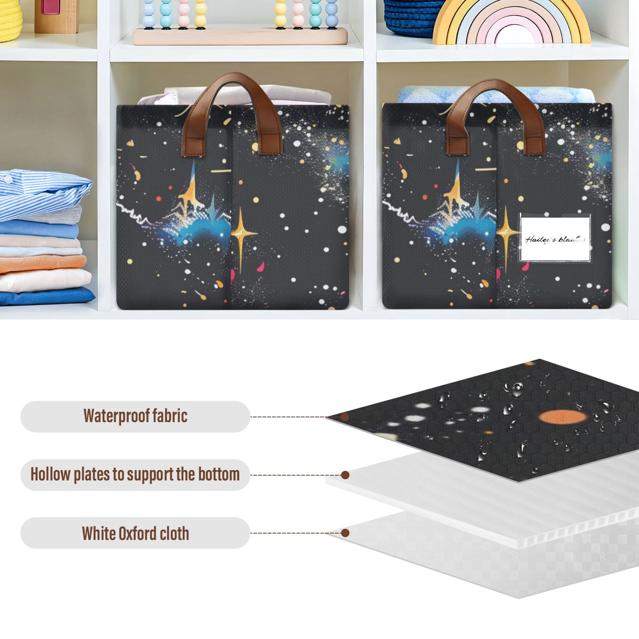 Ryvnso Glittering Galaxy Black Storage Bins Large Basket Foldable Cube Toys Organizer with Handles 2 PCs