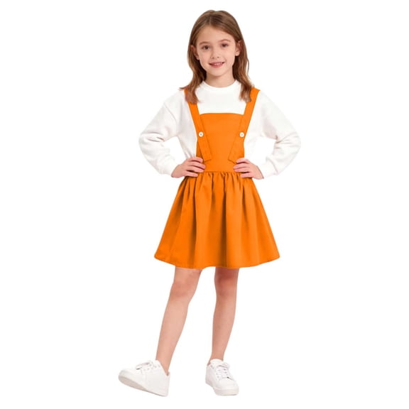 Xdegoge Overalls Dress for Girls, Long Sleeve Adjustable Strap Dress with A-Line Skirt, Casual and School Back Outfit