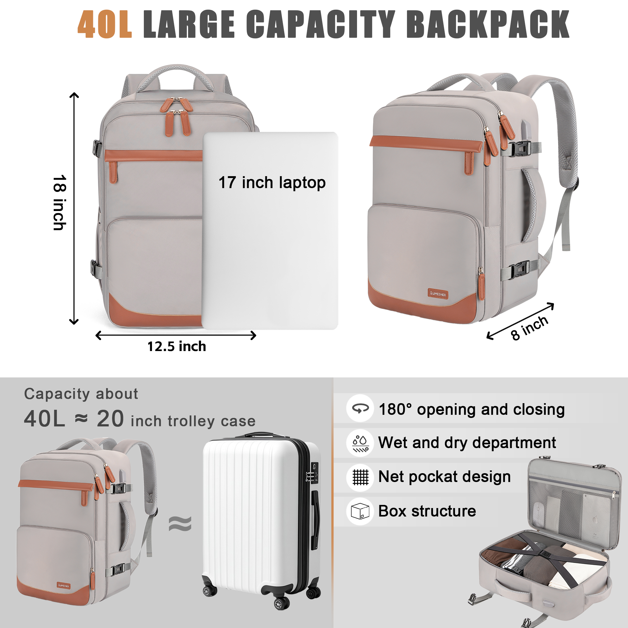 40L Travel Backpack with USB Charging Port, Water-Resistant Carry On Backpack for Men Women, Business Laptop Backpack for Trips & Commutes, Fits 17.3 Inch Laptop