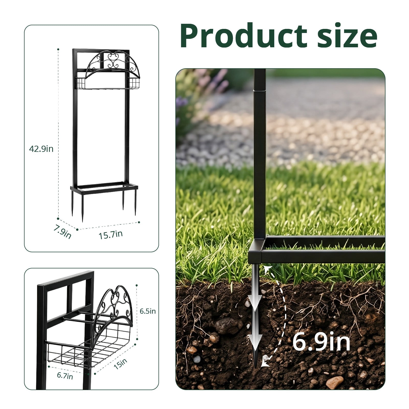 Garden Hose Holder, Water Hose Holder Stand with Storage Basket, Heavy Duty Freestanding Garden Hose Hanger Storage Rack with 4 Spikes for Outside Yard Lawn Farm, Black