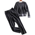 thumbnail image 4 of Estación europea, ropa de otoño, nueva moda femenina, traje deportivo informal de temperamento social, pantalones de pierna ancha, traje de punto de dos piezas, 4 of 4