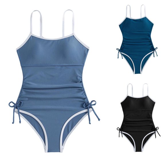 BXSRUTA Girls 7-16 Years Padded One Piece Swimsuit with Adjustable Drawstring Straps Contrast Trim Soft Nylon Spandex for Beach and Pool