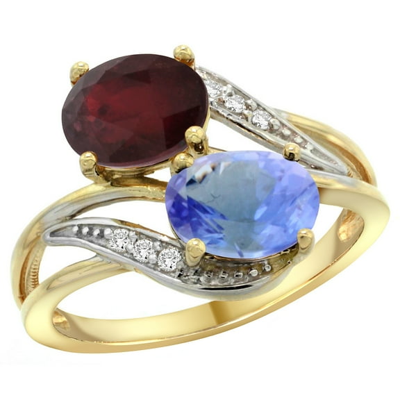 10K Yellow Gold Diamond Natural Quality Ruby & Tanzanite 2-stone Mothers Ring Oval 8x6mm, size 5