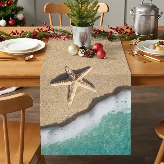 Table Runner 36 Inches Long - Summer Beach Starfish Teal Seawater Decorative Table Scarf, Seaside Sand Welcome Quote Dining Table Runners for Wedding Party Kitchen Dining Tables
