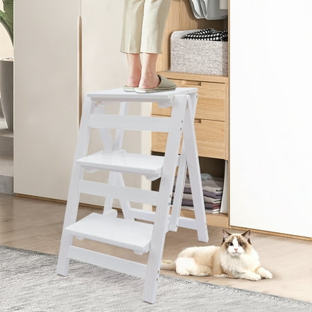 Miumaeov 3 Tier Folding Step Ladder Multifunction Wood Step Stool for Adults 3-Step Lightweight Portable Step Stool for Library Home Kitchen 330 lbs White