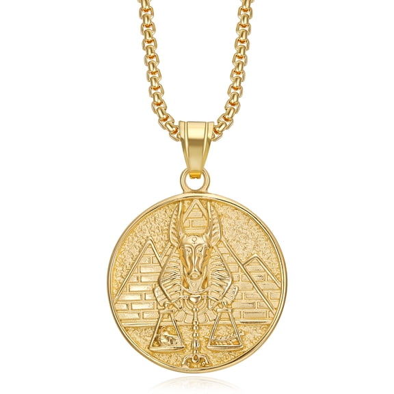 18K Gold Plated Anubis On Pyramid Egyptian Pendant Stainless Steel Necklace, 24 Inch Chain Jewelry Gift for Men Women
