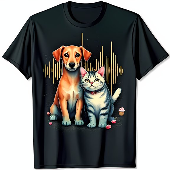 Adorable Dog and Cat Graphic T-Shirt with Music Wave Design Black