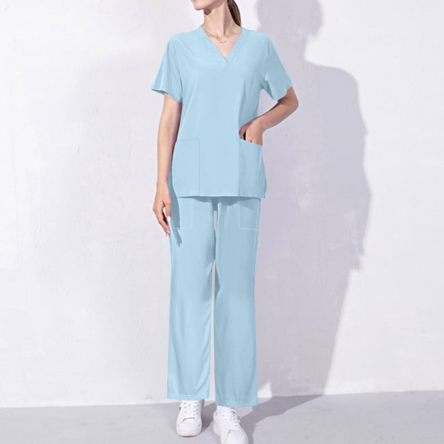 BADHUB Scrub Sets for Women Cleareance Short Sleeve Scrubs Top with Classic V-Neck & Cargo Pants Solid Color Nursing Uniform Scrub Set with Pockets Holiday Deals